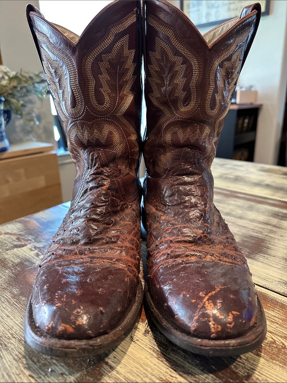Ariat Brown Embossed Ostrich Leather Cowboy Boots